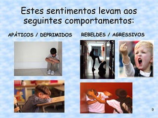 Estes sentimentos levam aos
    seguintes comportamentos:
APÁTICOS / DEPRIMIDOS   REBELDES / AGRESSIVOS




                                                9
 