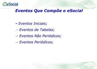 Eventos Que Compõe o eSocial
- Eventos Iniciais;
-

- Eventos de Tabelas;

-

- Eventos Não Periódicos;

-

- Eventos Periódicos;

 