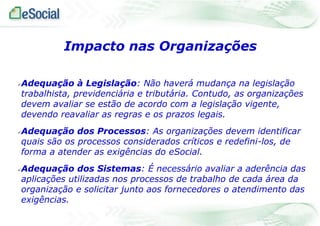 Impacto nas Organizações






Adequação à Legislação: Não haverá mudança na legislação
trabalhista, previdenciária e tributária. Contudo, as organizações
devem avaliar se estão de acordo com a legislação vigente,
devendo reavaliar as regras e os prazos legais.
Adequação dos Processos: As organizações devem identificar
quais são os processos considerados críticos e redefini-los, de
forma a atender as exigências do eSocial.
Adequação dos Sistemas: É necessário avaliar a aderência das
aplicações utilizadas nos processos de trabalho de cada área da
organização e solicitar junto aos fornecedores o atendimento das
exigências.

 