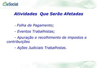 Atividades Que Serão Afetadas
- Folha de Pagamento;

- Eventos Trabalhistas;
- Apuração e recolhimento de impostos e
contribuições
- Ações Judiciais Trabalhistas.

 