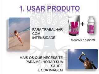 PARA TRABALHAR
COM
INTENSIDADE!
MAIS OS QUE NECESSITE
PARA MELHORAR SUA
SAÚDE
E SUA IMAGEM
MAGNUS + KENYAN
1. USAR PRODUTO
 