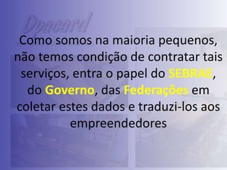 Como somos na maioria pequenos,
não temos condição de contratar tais
serviços, entra o papel do SEBRAE,
do Governo, das Federações em
coletar estes dados e traduzi-los aos
empreendedores

 
