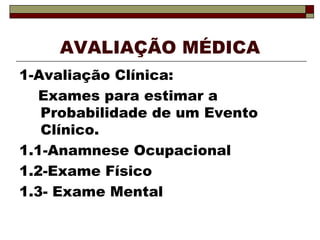 AVALIAÇÃO MÉDICA 
1-Avaliação Clínica: 
Exames para estimar a 
Probabilidade de um Evento 
Clínico. 
1.1-Anamnese Ocupacional 
1.2-Exame Físico 
1.3- Exame Mental 
 
