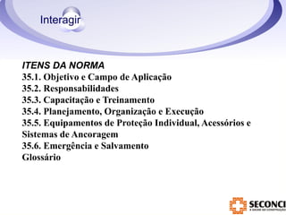 ITENS DA NORMA 
35.1. Objetivo e Campo de Aplicação 
35.2. Responsabilidades 
35.3. Capacitação e Treinamento 
35.4. Planejamento, Organização e Execução 
35.5. Equipamentos de Proteção Individual, Acessórios e 
Sistemas de Ancoragem 
35.6. Emergência e Salvamento 
Glossário 
 