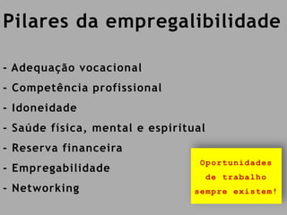 Pilares da empregalibilidade
- Adequação vocacional
- Competência profissional
- Idoneidade
- Saúde física, mental e espiritual
- Reserva financeira
- Empregabilidade
- Networking
Oportunidades
de trabalho
sempre existem!
 