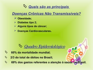 Quais são as principais  Doenças Crônicas Não Transmissíveis? Obesidade; Diabetes tipo 2; Alguns tipos de câncer; Doenças Cardiovasculares . Quadro Epidemiológico   60% da mortalidade mundial; 2/3 do total de óbitos no Brasil; 69% dos gastos referentes a atenção à saúde no Brasil. 
