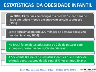 Prof. Me. Luciano Daniel Silva – CREF: 0073-G/SC
ESTATÍSTICAS DA OBESIDADE INFANTIL
Em 2010, 43 milhões de crianças maiores de 5 cinco anos de
idade em todo o mundo encontravam-se com sobrepeso
(OMS).
Existe aproximadamente 300 milhões de pessoas obesas no
mundo (Sanches, 2004)
No Brasil foram detectadas cerca de 20% de pessoas com
sobrepeso, desse quadro, 6,7% são crianças.
A Sociedade Brasileira de Pediatria identifica que o índice de
crianças obesas passou de 3% para 15% nos últimos 30 anos.
 