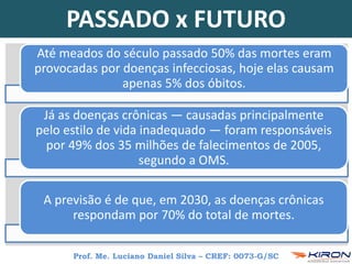 Prof. Me. Luciano Daniel Silva – CREF: 0073-G/SC
PASSADO x FUTURO
(Coutinho e Lucatelli, 2006).
Até meados do século passado 50% das mortes eram
provocadas por doenças infecciosas, hoje elas causam
apenas 5% dos óbitos.
Já as doenças crônicas — causadas principalmente
pelo estilo de vida inadequado — foram responsáveis
por 49% dos 35 milhões de falecimentos de 2005,
segundo a OMS.
A previsão é de que, em 2030, as doenças crônicas
respondam por 70% do total de mortes.
 