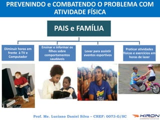 Prof. Me. Luciano Daniel Silva – CREF: 0073-G/SC
PAIS e FAMÍLIA
Diminuir horas em
frente à TV e
Computador
Praticar atividades
físicas e exercícios em
horas de lazer
Ensinar e informar os
filhos sobre
comportamentos
saudáveis
Levar para assistir
eventos esportivos
PREVENINDO e COMBATENDO O PROBLEMA COM
ATIVIDADE FÍSICA
 