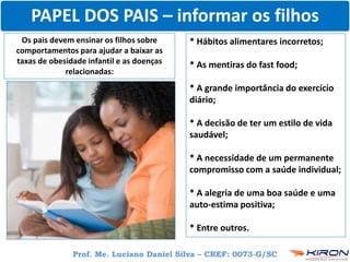 Prof. Me. Luciano Daniel Silva – CREF: 0073-G/SC
PAPEL DOS PAIS – informar os filhos
Os pais devem ensinar os filhos sobre
comportamentos para ajudar a baixar as
taxas de obesidade infantil e as doenças
relacionadas:
* Hábitos alimentares incorretos;
* As mentiras do fast food;
* A grande importância do exercício
diário;
* A decisão de ter um estilo de vida
saudável;
* A necessidade de um permanente
compromisso com a saúde individual;
* A alegria de uma boa saúde e uma
auto-estima positiva;
* Entre outros.
 