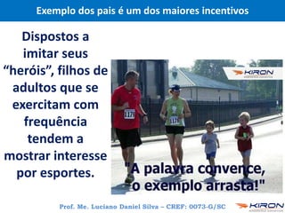 Exemplo dos pais é um dos maiores incentivos
Dispostos a
imitar seus
“heróis”, filhos de
adultos que se
exercitam com
frequência
tendem a
mostrar interesse
por esportes.
Prof. Me. Luciano Daniel Silva – CREF: 0073-G/SC
 
