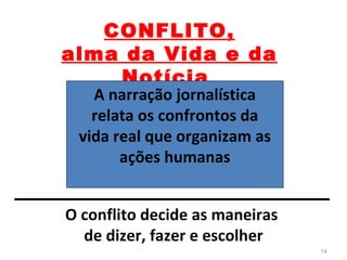 Conflito I CONFLITO, alma da Vida e da Notícia  A narração jornalística relata os confrontos da vida real que organizam as ações humanas O conflito decide as maneiras  de dizer, fazer e escolher 