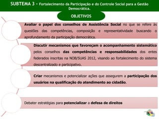 SUBTEMA 3 - Fortalecimento da Participação e do Controle Social para a Gestão
Democrática.
Avaliar o papel dos conselhos de Assistência Social no que se refere às
questões das competências, composição e representatividade buscando o
aprofundamento da participação democrática.
Discutir mecanismos que favoreçam o acompanhamento sistemático
pelos conselhos das competências e responsabilidades dos entes
federados inscritas na NOB/SUAS 2012, visando ao fortalecimento do sistema
descentralizado e participativo.
Criar mecanismos e potencializar ações que assegurem a participação dos
usuários na qualificação do atendimento ao cidadão.
Debater estratégias para potencializar a defesa de direitos
OBJETIVOS
 
