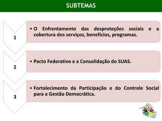 SUBTEMAS
1
• O Enfrentamento das desproteções sociais e a
cobertura dos serviços, benefícios, programas.
2
• Pacto Federativo e a Consolidação do SUAS.
3
• Fortalecimento da Participação e do Controle Social
para a Gestão Democrática.
 