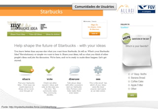 Comunidades de Usuários
                                  Starbucks




Fonte: http://mystarbucksidea.force.com/ideaHome
 