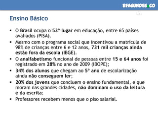 efagundes co
                                                      m
Ensino Básico
 O Brasil ocupa o 53º lugar em educação, entre 65 países
  avaliados (PISA).
 Mesmo com o programa social que incentivou a matrícula de
  98% de crianças entre 6 e 12 anos, 731 mil crianças ainda
  estão fora da escola (IBGE).
 O analfabetismo funcional de pessoas entre 15 e 64 anos foi
  registrado em 28% no ano de 2009 (IBOPE);
 34% dos alunos que chegam ao 5º ano de escolarização
  ainda não conseguem ler;
 20% dos jovens que concluem o ensino fundamental, e que
  moram nas grandes cidades, não dominam o uso da leitura
  e da escrita;
 Professores recebem menos que o piso salarial.
 
