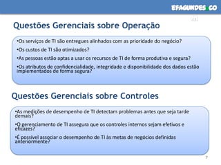 efagundes co
                                                                          m
Questões Gerenciais sobre Operação
 •Os serviços de TI são entregues alinhados com as prioridade do negócio?
 •Os custos de TI são otimizados?
 •As pessoas estão aptas a usar os recursos de TI de forma produtiva e segura?
 •Os atributos de confidencialidade, integridade e disponibilidade dos dados estão
 implementados de forma segura?



Questões Gerenciais sobre Controles
•As medições de desempenho de TI detectam problemas antes que seja tarde
demais?
•O gerenciamento de TI assegura que os controles internos sejam efetivos e
eficazes?
•É possível associar o desempenho de TI às metas de negócios definidas
anteriormente?

                                                                                     7
 