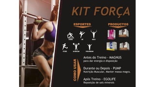 KIT FORÇA
Antes do Treino - MAGNUS
para dar energia e disposição
Durante ou Depois – PUMP
Nutrição Muscular, Manter massa magra.
Após Treino - EGOLIFE
Reposição de sais minerais
PRODUCTOS
COMOUSAR
ESPORTES
 