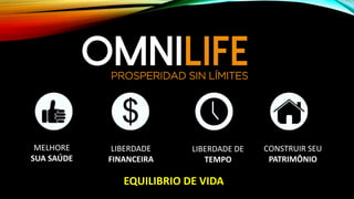 EQUILIBRIO DE VIDA
MELHORE
SUA SAÚDE
LIBERDADE
FINANCEIRA
LIBERDADE DE
TEMPO
CONSTRUIR SEU
PATRIMÔNIO
 