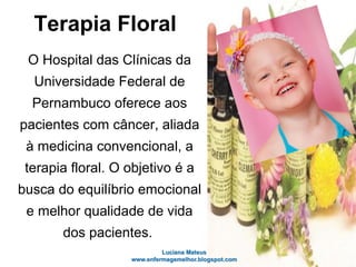 Terapia Floral
O Hospital das Clínicas da
Universidade Federal de
Pernambuco oferece aos
pacientes com câncer, aliada
à medicina convencional, a
terapia floral. O objetivo é a
busca do equilíbrio emocional
e melhor qualidade de vida
dos pacientes.
 