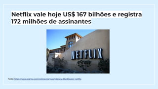Netﬂix vale hoje US$ 167 bilhões e registra
172 milhões de assinantes
Fonte: https://www.startse.com/noticia/startups/falencia-blockbuster-netﬂix
 