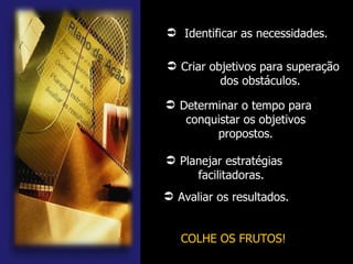 Identificar as necessidades. Determinar o tempo para conquistar os objetivos propostos. Planejar estratégias facilitadoras . Criar objetivos para superação dos obstáculos. Avaliar os resultados. COLHE OS FRUTOS! 