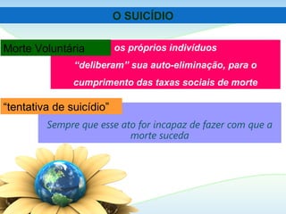 Sempre que esse ato for incapaz de fazer com que a
morte suceda
os próprios indivíduos
“deliberam” sua auto-eliminação, para o
cumprimento das taxas sociais de morte
Morte Voluntária
“tentativa de suicídio”
O SUICÍDIO
 