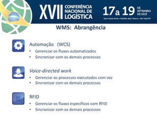 WMS: Abrangência
Automação (WCS)
• Gerenciar os fluxos automatizados
• Sincronizar com os demais processos
Voice-directed ...
