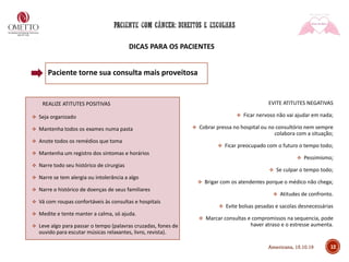 DICAS PARA OS PACIENTES
Paciente torne sua consulta mais proveitosa
REALIZE ATITUTES POSITIVAS
❖ Seja organizado
❖ Mantenha todos os exames numa pasta
❖ Anote todos os remédios que toma
❖ Mantenha um registro dos sintomas e horários
❖ Narre todo seu histórico de cirurgias
❖ Narre se tem alergia ou intolerância a algo
❖ Narre o histórico de doenças de seus familiares
❖ Vá com roupas confortáveis às consultas e hospitais
❖ Medite e tente manter a calma, só ajuda.
❖ Leve algo para passar o tempo (palavras cruzadas, fones de
ouvido para escutar músicas relaxantes, livro, revista).
EVITE ATITUTES NEGATIVAS
❖ Ficar nervoso não vai ajudar em nada;
❖ Cobrar pressa no hospital ou no consultório nem sempre
colabora com a situação;
❖ Ficar preocupado com o futuro o tempo todo;
❖ Pessimismo;
❖ Se culpar o tempo todo;
❖ Brigar com os atendentes porque o médico não chega;
❖ Atitudes de confronto.
❖ Evite bolsas pesadas e sacolas desnecessárias
❖ Marcar consultas e compromissos na sequencia, pode
haver atraso e o estresse aumenta.
12Americana, 15.10.19
 