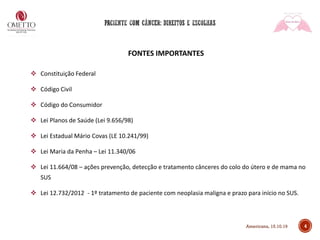 4
FONTES IMPORTANTES
❖ Constituição Federal
❖ Código Civil
❖ Código do Consumidor
❖ Lei Planos de Saúde (Lei 9.656/98)
❖ Lei Estadual Mário Covas (LE 10.241/99)
❖ Lei Maria da Penha – Lei 11.340/06
❖ Lei 11.664/08 – ações prevenção, detecção e tratamento cânceres do colo do útero e de mama no
SUS
❖ Lei 12.732/2012 - 1º tratamento de paciente com neoplasia maligna e prazo para início no SUS.
Americana, 15.10.19
 