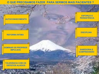 O QUE PRECISAMOS FAZER PARA SERMOS MAIS PACIENTES ?
AUTOCONHECIMENTO
REFORMA INTIMA
DOMINAR OS PROPRIOS
IMPULSOS
TOLERÂNCIA COM OS
DEFEITOS ALHEIOS
ESFORÇO E
PERSISTÊNCIA
DISCIPLINA
SABEDORIA E
COMPREENSÃO