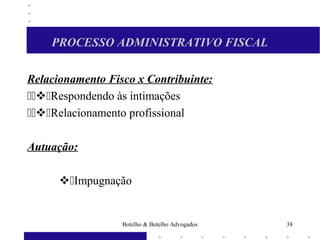 PROCESSO ADMINISTRATIVO FISCAL
Relacionamento Fisco x Contribuinte:
Respondendo às intimações
Relacionamento profissional
Autuação:
Impugnação
38Botelho & Botelho Advogados
 