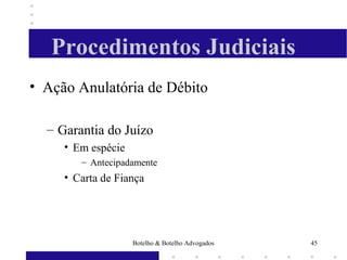 Procedimentos Judiciais
• Ação Anulatória de Débito
– Garantia do Juízo
• Em espécie
– Antecipadamente
• Carta de Fiança
45Botelho & Botelho Advogados
 