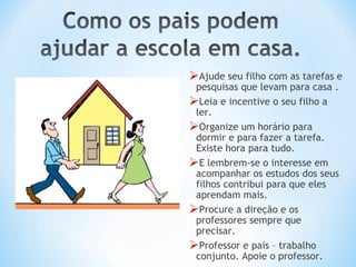 Ajude seu filho com as tarefas e
 pesquisas que levam para casa .
Leia e incentive o seu filho a
 ler.
Organize um horário para
 dormir e para fazer a tarefa.
 Existe hora para tudo.
E lembrem-se o interesse em
 acompanhar os estudos dos seus
 filhos contribui para que eles
 aprendam mais.
Procure a direção e os
 professores sempre que
 precisar.
Professor e pais – trabalho
 conjunto. Apoie o professor.
 