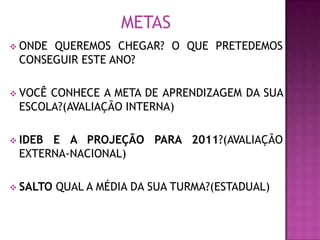 METAS
 ONDEQUEREMOS CHEGAR? O QUE PRETEDEMOS
 CONSEGUIR ESTE ANO?

 VOCÊCONHECE A META DE APRENDIZAGEM DA SUA
 ESCOLA?(AVALIAÇÃO INTERNA)

 IDEBE A PROJEÇÃO PARA 2011?(AVALIAÇÃO
 EXTERNA-NACIONAL)

 SALTO   QUAL A MÉDIA DA SUA TURMA?(ESTADUAL)
 