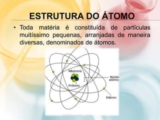ESTRUTURA DO ÁTOMO
• Toda matéria é constituída de partículas
muitíssimo pequenas, arranjadas de maneira
diversas, denominados de átomos.
 