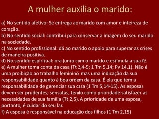 A mulher auxilia o marido:
a) No sentido afetivo: Se entrega ao marido com amor e inteireza de
coração.
b) No sentido social: contribui para conservar a imagem do seu marido
na sociedade.
c) No sentido profissional: dá ao marido o apoio para superar as crises
de maneira positiva.
d) No sentido espiritual: ora junto com o marido e estimula a sua fé.
e) A mulher toma conta da casa (Tt 2,4-5; 1 Tm 5,14; Pv 14,1). Não é
uma proibição ao trabalho feminino, mas uma indicação da sua
responsabilidade quanto à boa ordem da casa. É ela que tem a
responsabilidade de gerenciar sua casa (1 Tm 5,14-15). As esposas
devem ser prudentes, sensatas, tendo como prioridade satisfazer as
necessidades de sua família (Tt 2,5). A prioridade de uma esposa,
portanto, é cuidar do seu lar.
f) A esposa é responsável na educação dos filhos (1 Tm 2,15)
 