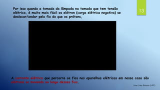13
Por isso quando a tomada da lâmpada na tomada que tem tensão
elétrica, é muito mais fácil os elétron (carga elétrica negativa) se
deslocar/andar pelo fio do que os prótons,
A corrente elétrica que percorre os fios nos aparelhos elétricos em nossa casa são
elétrons se movendo ao longo desses fios.
 