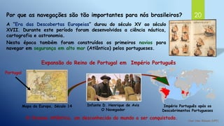 20Por que as navegações são tão importantes para nós brasileiros?
A “Era das Descobertas Europeias” durou do século XV ao século
XVII. Durante este período foram desenvolvidos a ciência náutica,
cartografia e astronomia.
Nesta época também foram construídos os primeiros navios para
navegar em segurança em alto mar (Atlântico) pelos portugueses.
Expansão do Reino de Portugal em Império Português
Império Português após os
Descobrimentos Portugueses
Infante D. Henrique de Avis
O Navegador
O Oceano Atlântico, um desconhecido do mundo a ser conquistado.
Mapa da Europa, Século 14
Portugal
 