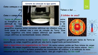 34Como começou o campo magnético terrestre?
Ainda estamos estudando para descobrir. Talvez o Sol ...
Como o campo magnético da terra é mantido a mais de 3,5 bilhões de anos?
Teoria do Dínamo: a diferença de 1.500ºC de temperatura entre
as fronteiras do núcleo externo líquido faz com que as cargas
elétricas da “sopa metálica” criem uma corrente elétrica de
convecção. Devido a rotação da Terra em torno do seu eixo
geográfico organiza estas correntes elétricas em cilindros cujos os
eixos quase se alinham com o eixo de rotação da Terra. Esse
campo magnético cria novos campos elétricos que mantêm as
cargas elétricas se movimentando nesses cilindros.
Efeito dessas correntes no núcleo externo líquido: o campo magnético gerado pelo núcleo da Terra se
assemelha ao campo magnético gerado por uma barra magnetizada permanentemente.
Qual a importância da magnetosfera da Terra? Os ventos solares contém um fluxo intenso de cargas
elétricas. Os campos magnéticos barram a grande maioria das cargas elétricas dos ventos solares. Sem o
campo magnético da Terra teríamos problemas nas transmissões de satélites, e as moléculas da nossa
atmosfera seriam espalhadas para o espaço sideral. Sem gás oxigênio (O2) não tem vida!!!
Corrente de convecção na água quente
 