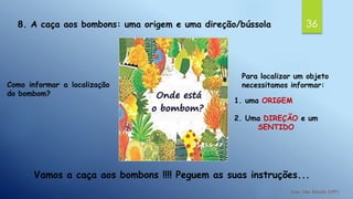 368. A caça aos bombons: uma origem e uma direção/bússola
Como informar a localização
do bombom?
Para localizar um objeto
necessitamos informar:
1. uma ORIGEM
2. Uma DIREÇÃO e um
SENTIDO
Vamos a caça aos bombons !!!! Peguem as suas instruções...
 