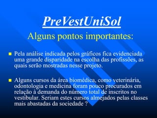 Alguns pontos importantes:Alguns pontos importantes:
 Pela análise indicada pelos gráficos fica evidenciadaPela análise indicada pelos gráficos fica evidenciada
uma grande disparidade na escolha das profissões, asuma grande disparidade na escolha das profissões, as
quais serão mostradas nesse projeto.quais serão mostradas nesse projeto.
 Alguns cursos da área biomédica, como veterinária,Alguns cursos da área biomédica, como veterinária,
odontologia e medicina foram pouco procurados emodontologia e medicina foram pouco procurados em
relação à demanda do número total de inscritos norelação à demanda do número total de inscritos no
vestibular. Seriam estes cursos almejados pelas classesvestibular. Seriam estes cursos almejados pelas classes
mais abastadas da sociedade ?mais abastadas da sociedade ?
PreVestUniSol
 