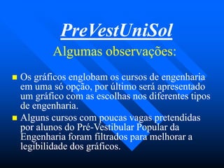 Algumas observações:Algumas observações:
 Os gráficos englobam os cursos de engenhariaOs gráficos englobam os cursos de engenharia
em uma só opção, por último será apresentadoem uma só opção, por último será apresentado
um gráfico com as escolhas nos diferentes tiposum gráfico com as escolhas nos diferentes tipos
de engenharia.de engenharia.
 Alguns cursos com poucas vagas pretendidasAlguns cursos com poucas vagas pretendidas
por alunos do Prépor alunos do Pré--Vestibular Popular daVestibular Popular da
Engenharia foram filtrados para melhorar aEngenharia foram filtrados para melhorar a
legibilidade dos gráficos.legibilidade dos gráficos.
PreVestUniSol
 