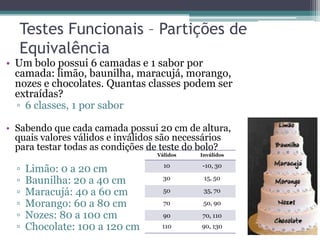 Testes Funcionais – Partições de Equivalência 
•Um bolo possui 6 camadas e 1 sabor por camada: limão, baunilha, maracujá, morango, nozes e chocolates. Quantas classes podem ser extraídas? 
▫6 classes, 1 por sabor 
•Sabendo que cada camada possui 20 cm de altura, quais valores válidos e inválidos são necessários para testar todas as condições de teste do bolo? 
▫Limão: 0 a 20 cm 
▫Baunilha: 20 a 40 cm 
▫Maracujá: 40 a 60 cm 
▫Morango: 60 a 80 cm 
▫Nozes: 80 a 100 cm 
▫Chocolate: 100 a 120 cm 
Válidos 
Inválidos 
10 
-10, 30 
30 
15, 50 
50 
35, 70 
70 
50, 90 
90 
70, 110 
110 
90, 130  