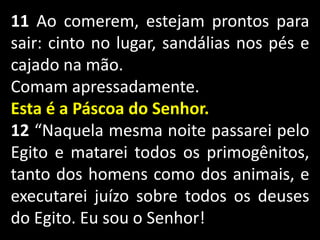 11 Ao comerem, estejam prontos para
sair: cinto no lugar, sandálias nos pés e
cajado na mão.
Comam apressadamente.
Esta é a Páscoa do Senhor.
12 “Naquela mesma noite passarei pelo
Egito e matarei todos os primogênitos,
tanto dos homens como dos animais, e
executarei juízo sobre todos os deuses
do Egito. Eu sou o Senhor!
 