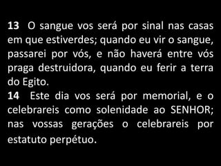 13 O sangue vos será por sinal nas casas
em que estiverdes; quando eu vir o sangue,
passarei por vós, e não haverá entre vós
praga destruidora, quando eu ferir a terra
do Egito.
14 Este dia vos será por memorial, e o
celebrareis como solenidade ao SENHOR;
nas vossas gerações o celebrareis por
estatuto perpétuo.
 