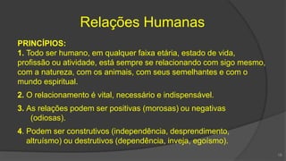 Relações Humanas
PRINCÍPIOS:
1. Todo ser humano, em qualquer faixa etária, estado de vida,
profissão ou atividade, está sempre se relacionando com sigo mesmo,
com a natureza, com os animais, com seus semelhantes e com o
mundo espiritual.
2. O relacionamento é vital, necessário e indispensável.
3. As relações podem ser positivas (morosas) ou negativas
(odiosas).
4. Podem ser construtivos (independência, desprendimento,
altruísmo) ou destrutivos (dependência, inveja, egoísmo).
18
 