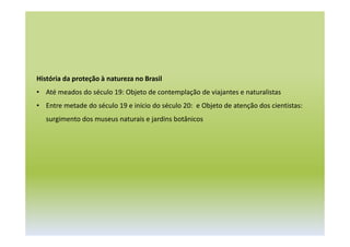 História da proteção à natureza no Brasil
• Até meados do século 19: Objeto de contemplação de viajantes e naturalistas
• Entre metade do século 19 e início do século 20: e Objeto de atenção dos cientistas:
surgimento dos museus naturais e jardins botânicos
 