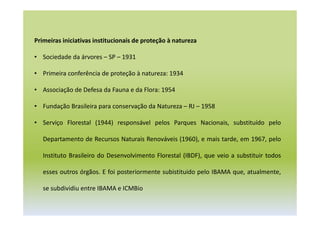Primeiras iniciativas institucionais de proteção à natureza
• Sociedade da árvores – SP – 1931
• Primeira conferência de proteção à natureza: 1934
• Associação de Defesa da Fauna e da Flora: 1954
• Fundação Brasileira para conservação da Natureza – RJ – 1958
• Serviço Florestal (1944) responsável pelos Parques Nacionais, substituído pelo
Departamento de Recursos Naturais Renováveis (1960), e mais tarde, em 1967, pelo
Instituto Brasileiro do Desenvolvimento Florestal (IBDF), que veio a substituir todos
esses outros órgãos. E foi posteriormente subistituido pelo IBAMA que, atualmente,
se subdividiu entre IBAMA e ICMBio
 