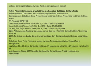 Lista de bens registrados no livro de Tombos com paisagem natural
 Bem / Inscrição Conjunto arquitetônico e urbanístico da Cidade de Ouro Preto
Nome atribuído Ouro Preto, MG: conjunto arquitetônico e urbanístico
Outras denom. Cidade de Ouro Preto; Centro histórico de Ouro Preto; Sítio histórico de Ouro
Preto
Nº Processo 0070-T-38
Livro Belas Artes Nº inscr.: 039 ; Vol. 1 ; F. 008 ; Data: 20/04/1938
Livro Histórico Nº inscr.: 512 ; Vol. 1 ; F. 098 ; Data: 15/09/1986
Liv. Arq./Etn./Psg. Nº inscr.: 098 ; Vol. 1 ; F. 047 ; Data: 15/09/1986
OBS.: “Monumento Nacional de acordo com o Decreto nº 22928, de 12/07/1933." Em 22 de
maio de
1989, foi feita a averbação do perímetro tombado do " Conjunto Arquitetônico e Urbanístico
da
Cidade de Ouro Preto " como se segue: Livro do Tombo Arqueológico, Etnográfico e
Paisagístico,
nas folhas 47 a 65; Livro do Tombo Histórico, 1º volume, na folha 98; e 2º volume, na folha 17;
de
acordo com a Ata da 137ª Reunião do Conselho Consultivo do PHAN, realizada em
13/10/1989.
 